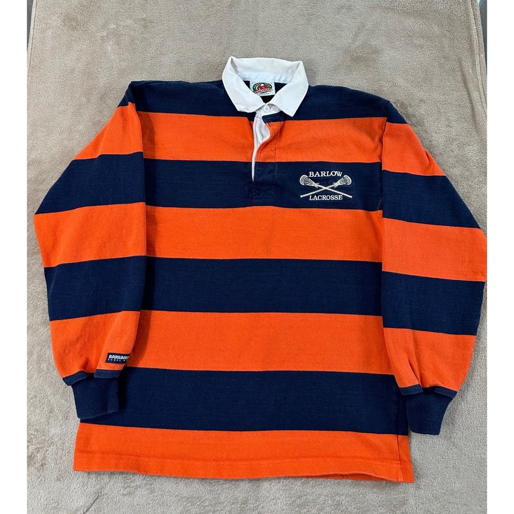 Vintage Barbarian Rugby Wear Kanye West shirts Men's‎ L Blue Orange Stripes EUC